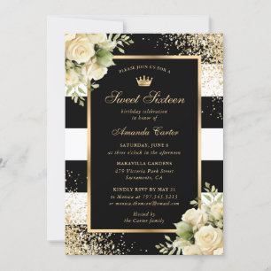 Invitation Elégant Sweet sixteen Floral d'or noir