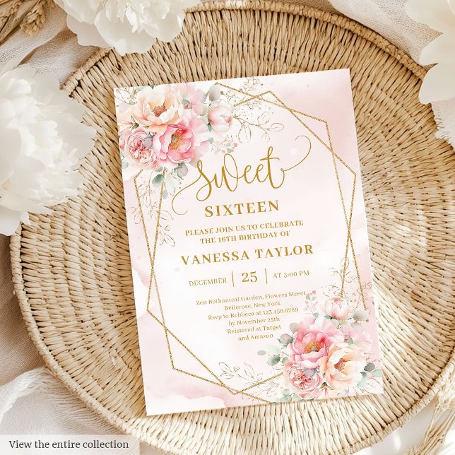 Invitation Élégant Sweet sixteen floral or rose pâle (Elegant Light Pink Sage Gold Floral Sweet Sixteen Invitation)