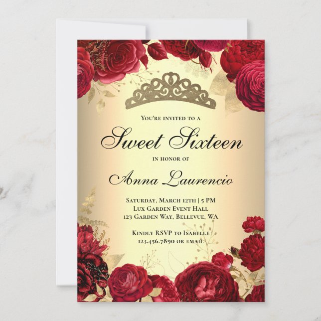 Invitation Élégant Sweet sixteen floral rouge et or (Devant)