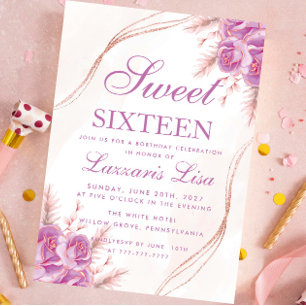 Invitation Élégant Sweet sixteen Floral Violet 16 Anniversair