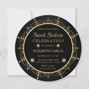 Invitation Elégant Sweet sixteen Mandala noir et or