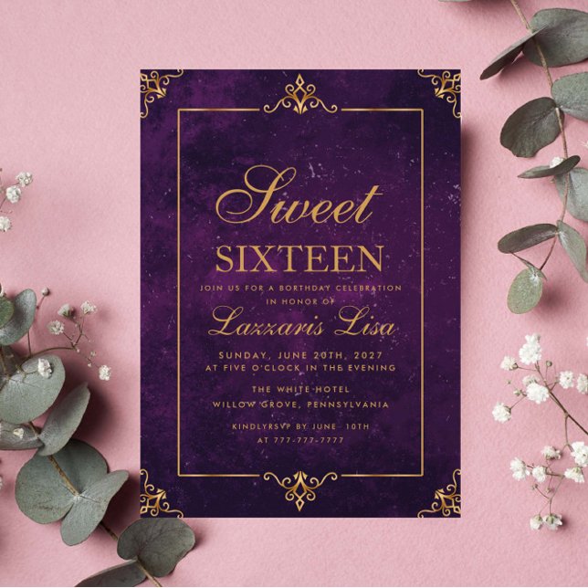 Invitation Elégant Sweet sixteen Or 16 Violet Anniversaire (Créateur téléchargé)