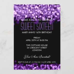 Invitation Élégant Sweet sixteen parkling Lumière violette
