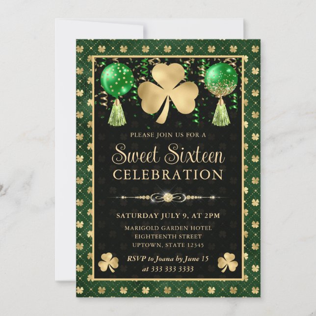 Invitation Élégant Sweet sixteen Shamrock vert et or (Devant)