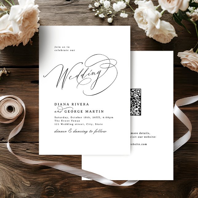 Invitation Elegant Swirl Script Simple QR code Wedding (Elegant Swirl Script Simple QR code Wedding Invitation)