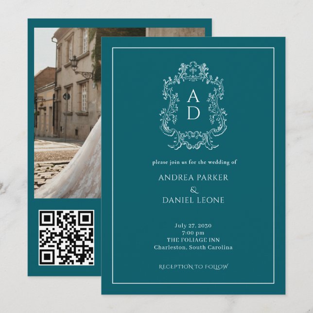 Invitation Elegant Tale Blue Engagement Party QR Code Photo (Devant / Derrière)