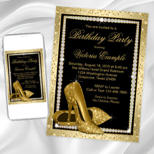 Invitation Élégant talon haut noir et or pour la fête d'anniv