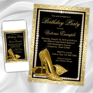 Invitation Élégant talon haut noir et or pour la fête d'anniv