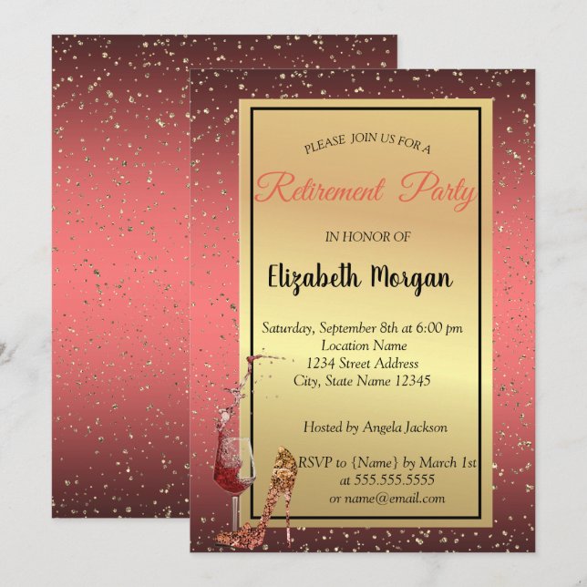 Invitation Élégant talon haut, Verre à vin Red Retraite Party (Devant / Derrière)