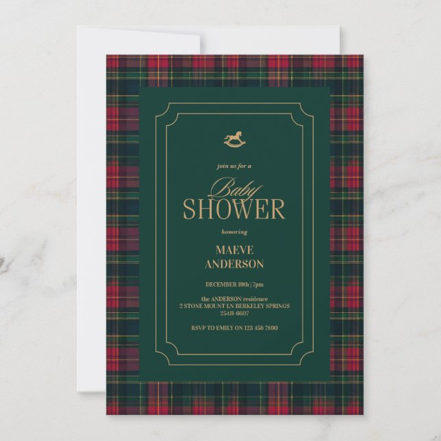 Invitation Elegant Tartan Plaid Baby Shower winter red Green (Devant)