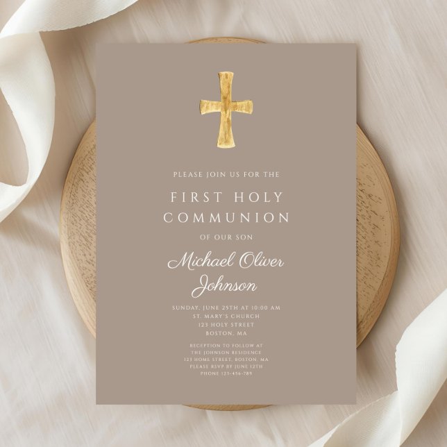 Invitation Elégant Taupe Cross Boy First Communion (Elegant Taupe Cross Boy First Communion Invitation)