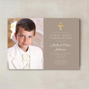 Invitation Elegant Taupe Cross Photo Boy First Communion