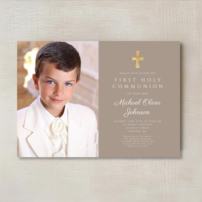 Invitation Elegant Taupe Cross Photo Boy First Communion (Elegant Taupe Cross Photo Boy First Communion Invitation)