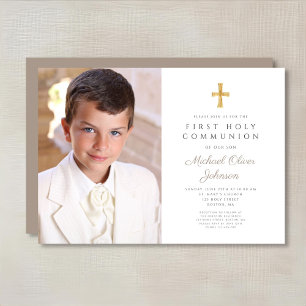 Invitation Elegant Taupe Cross Photo Boy First Communion