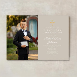 Invitation Elegant Taupe Cross Photo Boy First Communion