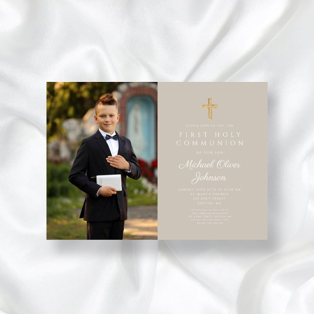 Invitation Elegant Taupe Cross Photo Boy First Communion (Elegant Taupe Cross Photo Boy First Communion Invitation)