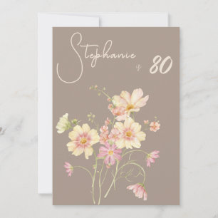 Invitation Élégant Taupe Fleurs Roses 80e Anniversaire