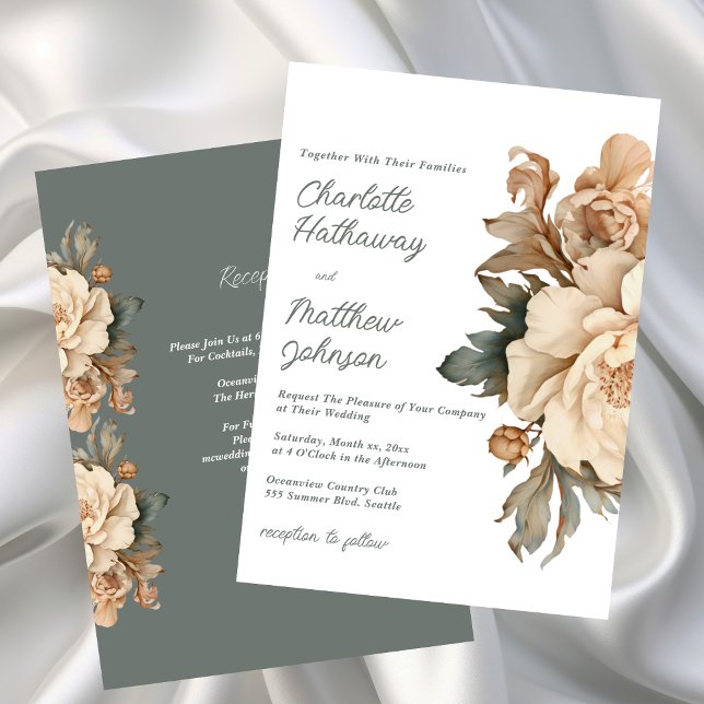 Invitation Elegant Taupe Floral Wedding With Sage Green (Elegant Taupe Floral Wedding Invitation with Sage Green)
