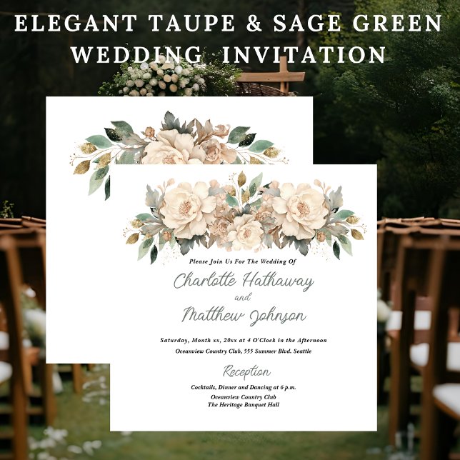 Invitation Elegant Taupe Floral Wedding with Sage Green (Elegant Taupe Floral Wedding Invitation with Sage Green)