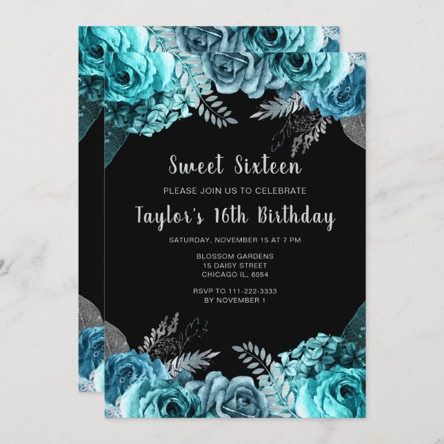 Invitation Elegant Teal Blue and Silver Flowers Sweet Sixteen (Devant / Derrière)