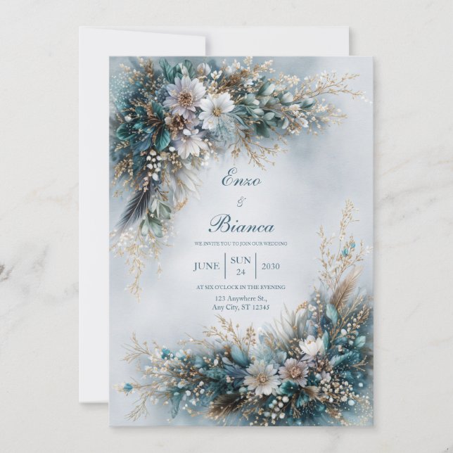 Invitation Elegant Teal Blue Floral Gold Feather Wedding (Devant)