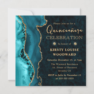 Invitation Élégant Teal et Or Paillettes Agate Quinceanera