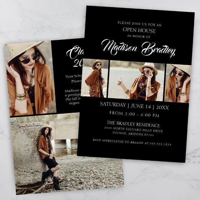 Invitation Elégant tendance 5 Photo Chic Graduation Invitatio (Modern Photo Collage Graduation Invitation for Open House with Elegant Script and Trendy Typography)