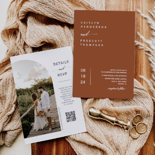 Invitation Élégant Terracotta Minimal Photo QR Code Mariage I
