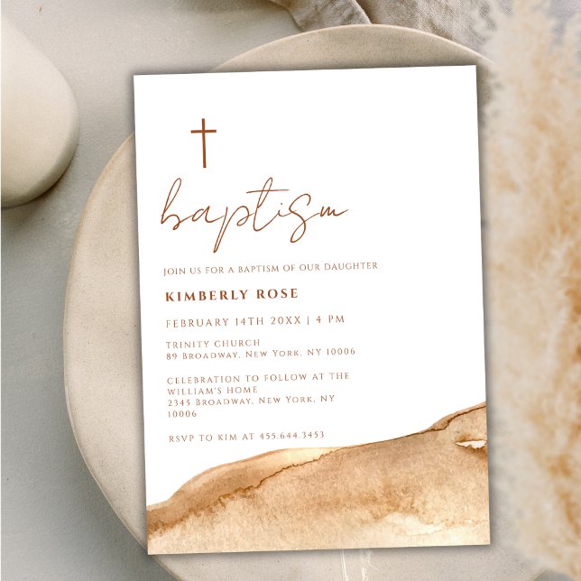 Invitation Élégant Terracotta neutre Abstrait Baptême croisé (Elegant Neutral Terracotta Abstract Cross Baptism Invitation)