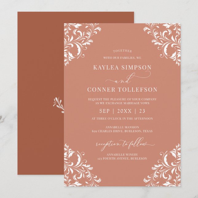 Invitation Élégant Terracotta Rust Mariage Vintage Orné (Devant / Derrière)