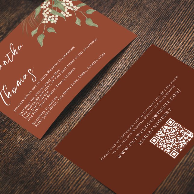 Invitation Élégant Terracotta verdure Feuilles de feuillage (Terracotta elegant wedding invitation with a QR code for easy wedding details sharing. )