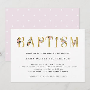 Invitation Élégant texte floral or  Baptême