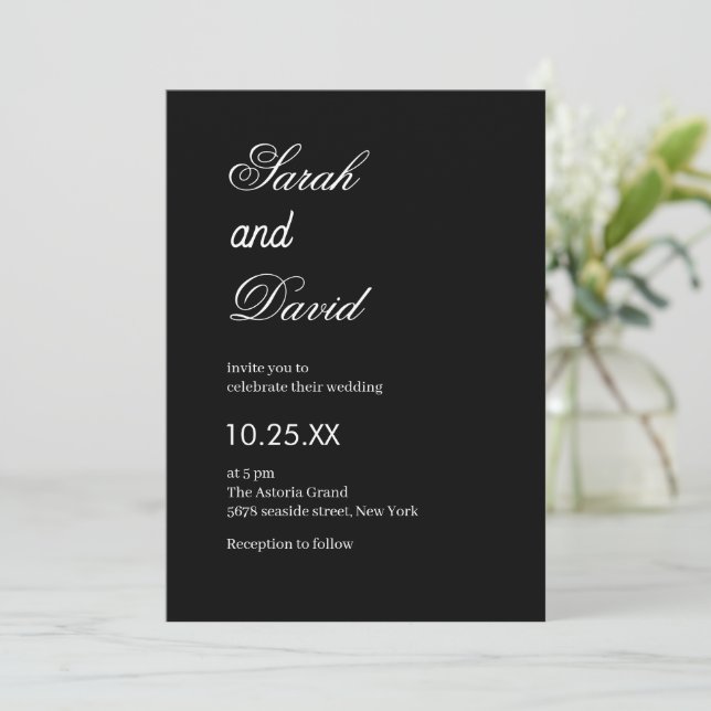Invitation Élégant texte moderne chic noir et blanc mariage (Debout devant)