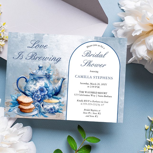 Invitation Elégant thé à la Fête des mariées à base de café F (Elegant Blue Floral Teacup Bridal Shower Tea Landscape Invitation)