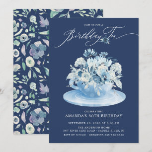 Invitation Elégant thé Floral Bleu d'anniversaire