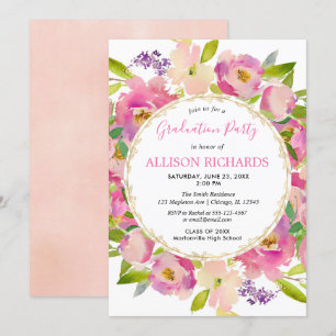 Invitation Elégant thème jardin fleurie rose fête de graduati
