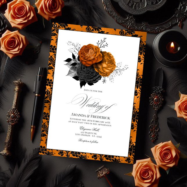 Invitation Elégant thème Mariage gothique orange et noir (Elegant Orange and Black Gothic Wedding Theme Invitation)