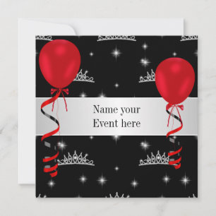 Invitation Élégant Tiara Black Red Balloons Événement spécial