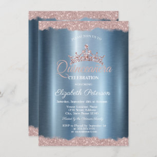 Invitation Elégant Tiara Blue Metallic Quinceañera