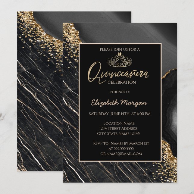 Invitation Elégant Tiara d'or moderne, Marbre noir (Devant / Derrière)