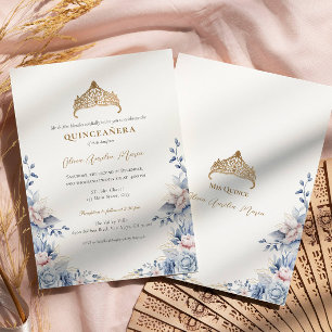 Invitation Elégant Tiara Gold Blue roses Quinceañera Invitati