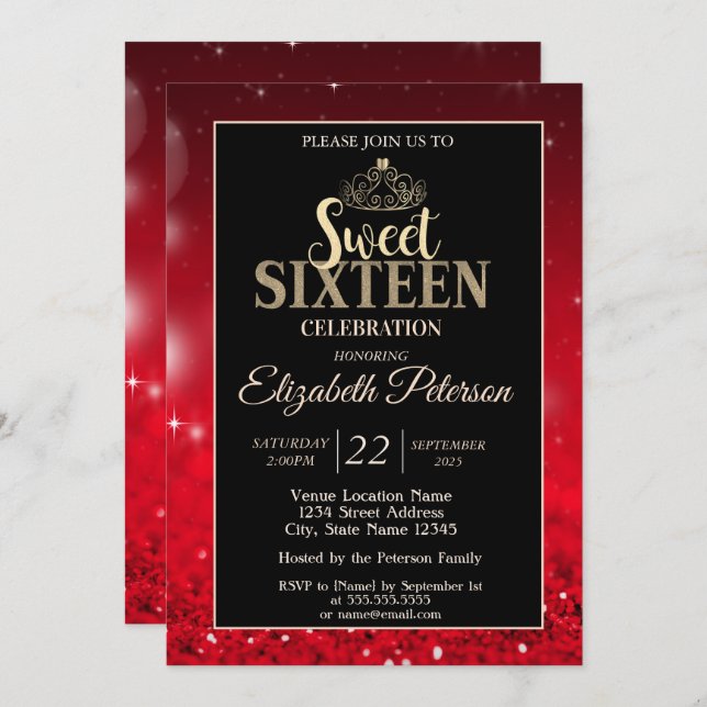 Invitation Elégant Tiara, Parties scintillant rouge Bokeh Swe (Devant / Derrière)