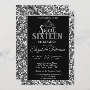 Invitation Élégant Tiara, Silver Sequins Sweet 16 Part