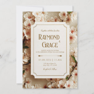 Invitation Élégant Ticket Mariage Floral Ivoire Sakura Doré