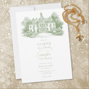Invitation Élégant Toile de Sage Vert Mariage Manoir Français