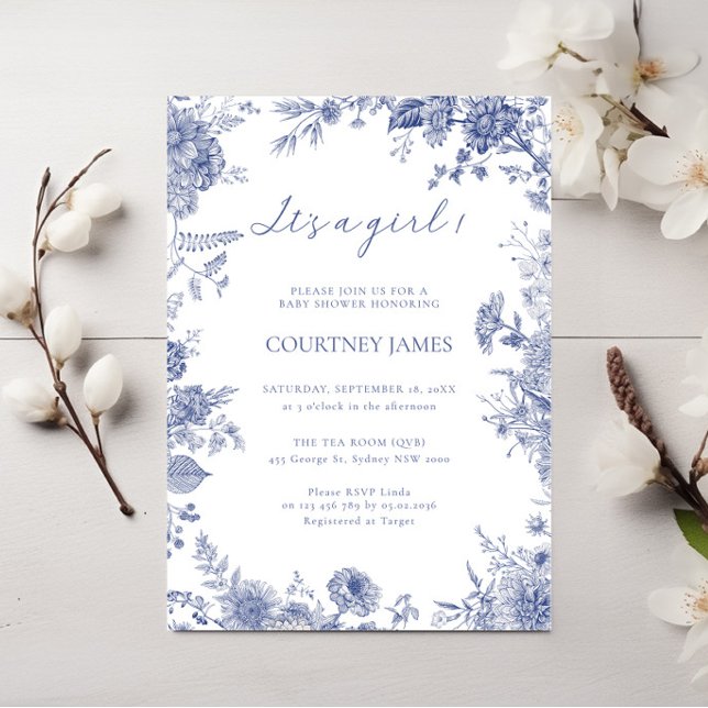 Invitation Elégant Toile Français Bleu toile c'est une fille  (Créateur téléchargé)