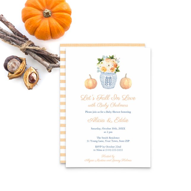 Invitation Élégant Tombons dans l'amour Baby shower Citrouill (Let's Fall In Love With Baby with this elegant invite featuring pumpkins and fall flowers)