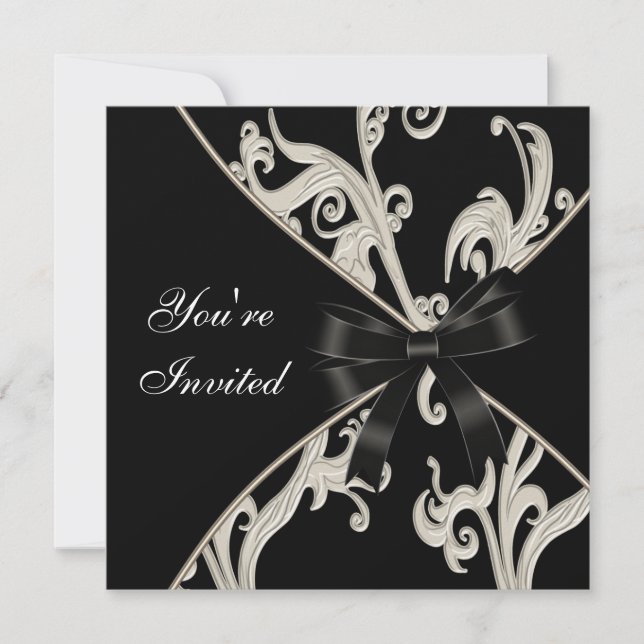 Invitation Élégant Tourbillon Noir Blanc Crème pour Soirée (Devant)