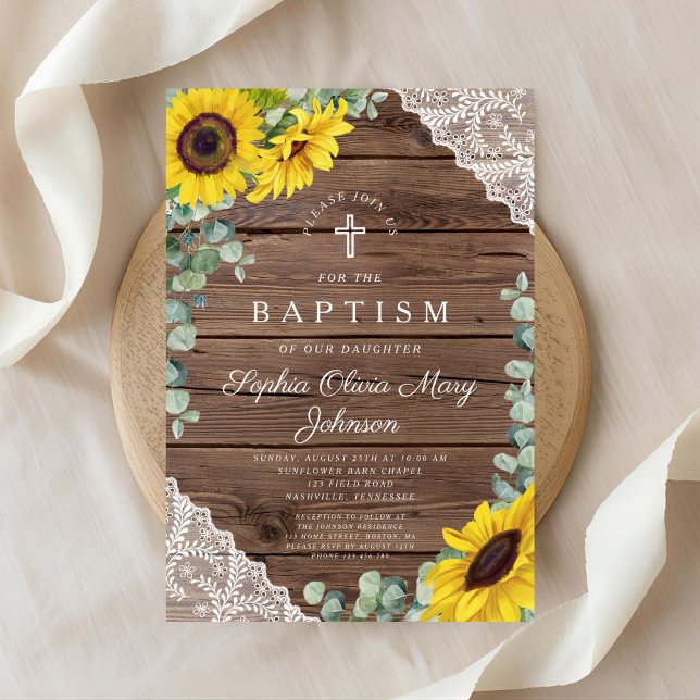 Invitation Élégant Tournesol Dentelle Bois Croix Baptême (Front Elegant Sunflowers Lace Wood Cross Baptism Invitation)