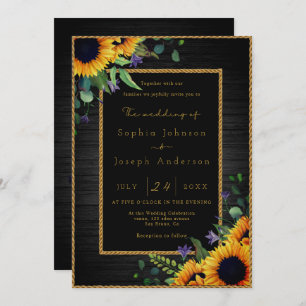 Invitation Elégant tournesol doré et Mariage en bois rustique